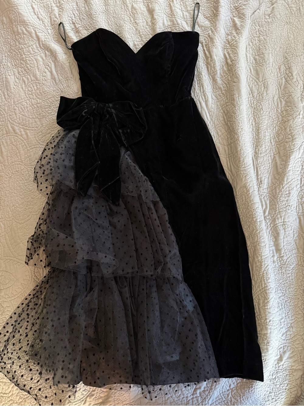 Goth, witchy, vintage vampire Velvet Strapless Dress with Polka Dot Tulle Ruffle